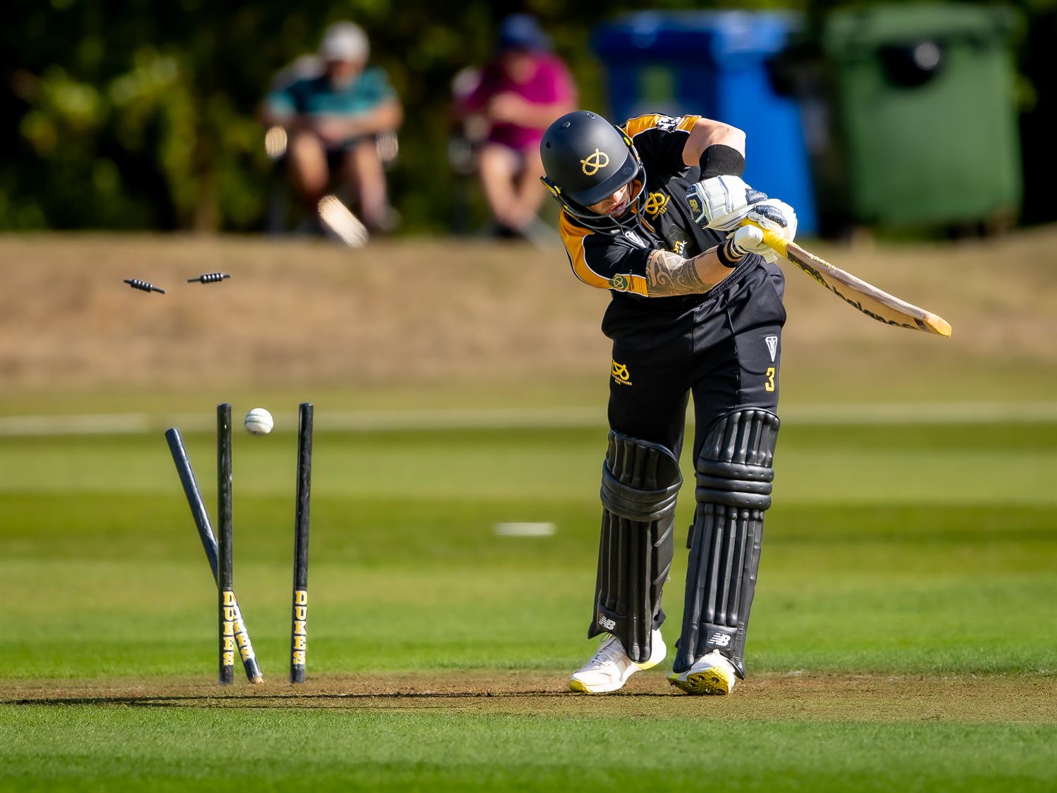 Staffordshire's James Kettleborough is bowled by Bedfordshire's James Anson in the NCCA Dojo T20 Semi Final at Wormsley Cricket Ground on August 30th, 2026.