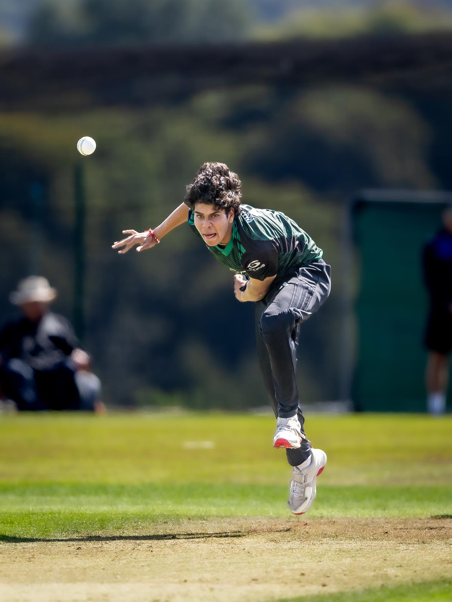 Berkshire's Nilesh Bhandari bowling in the NCCA Dojo T20 Semi-Final against Devon at Wormsley Cricket Ground on August 30th, 2026.