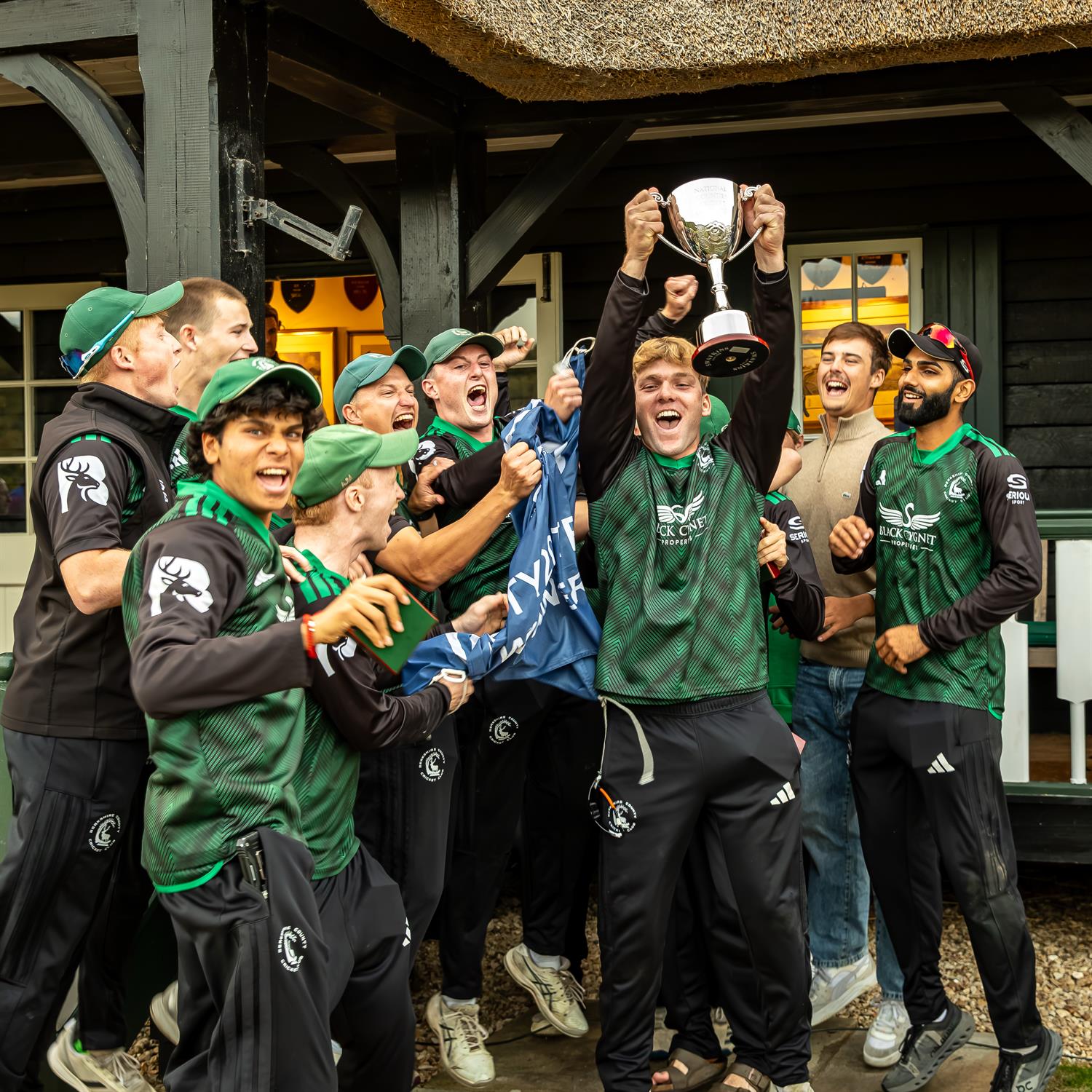 Berkshire's captain Johnny Connell and his teammates celebrate their victory in the NCCA Dojo T20 Final at Wormsley Cricket Ground on August 30th, 2026.