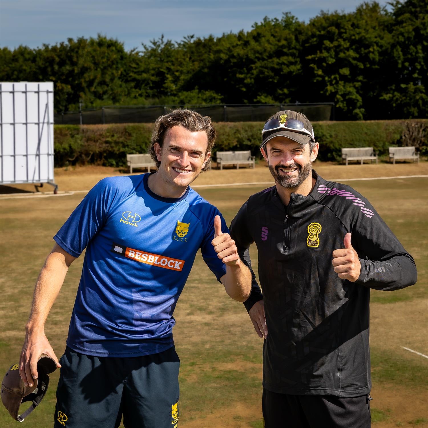 Captains Charlie Home (Shropshire, left) and David Wainwright (Cheshire) at the toss on the first day of the NCCA Cluberly Championship match held at Nantwich Cricket Club from August 2nd–4th, 2026.