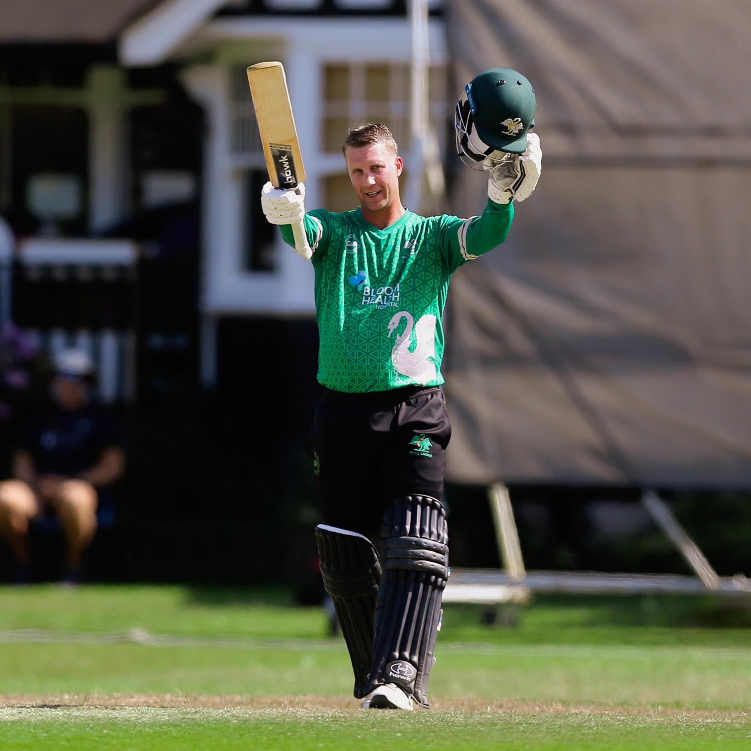 Matt Pardoe celebrates scoring the first-ever T20 century for Buckinghamshire. He achieved this against Wales in the NCCA T20 Group 3 match, held at Marlow Cricket Club on 05/07/2026 .