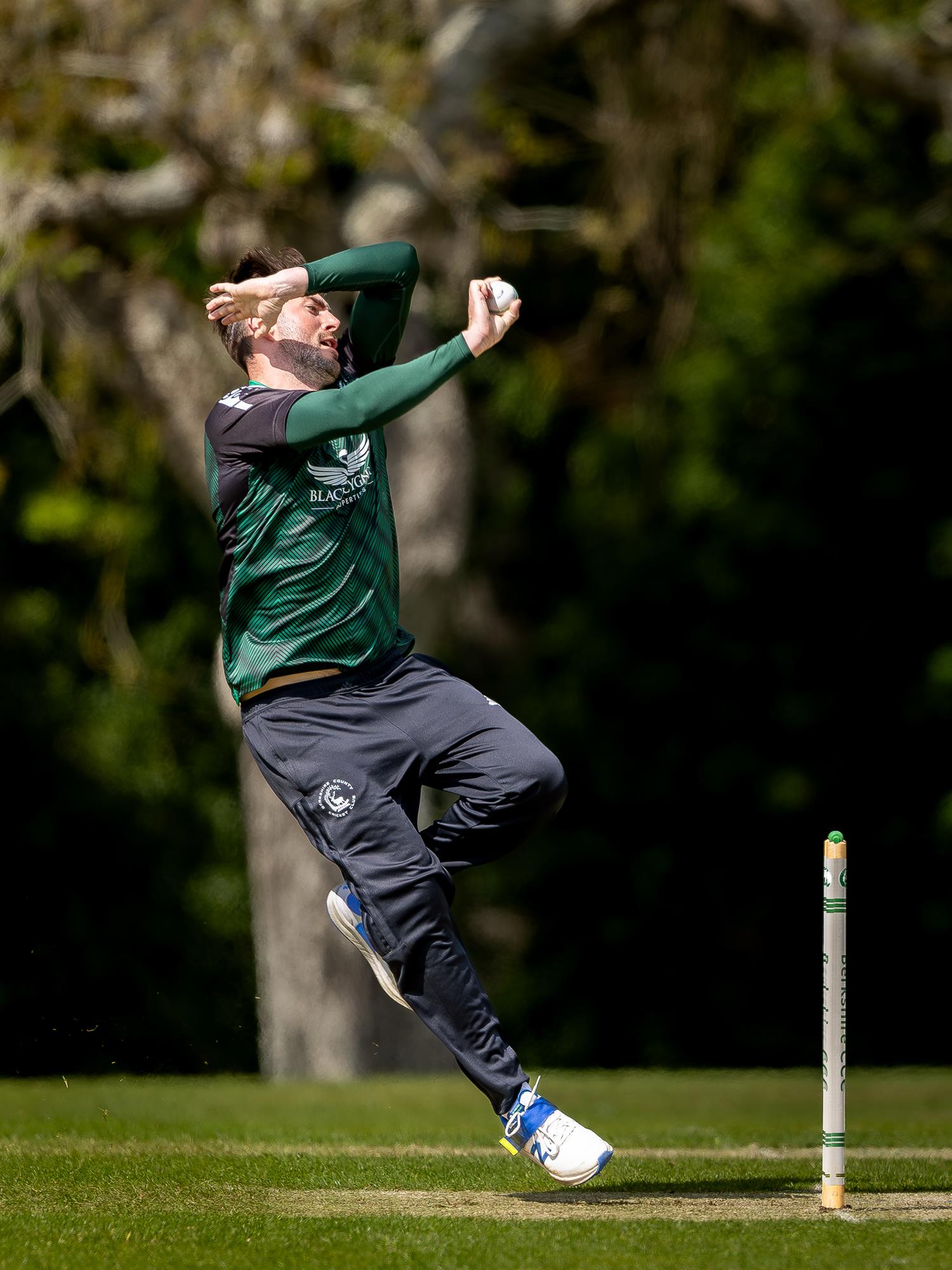 Berkshire's Toby Greatwood bowling in the NCCA NV Play Trophy match against Devon at Falkland Cricket Club on May 3rd, 2026. 