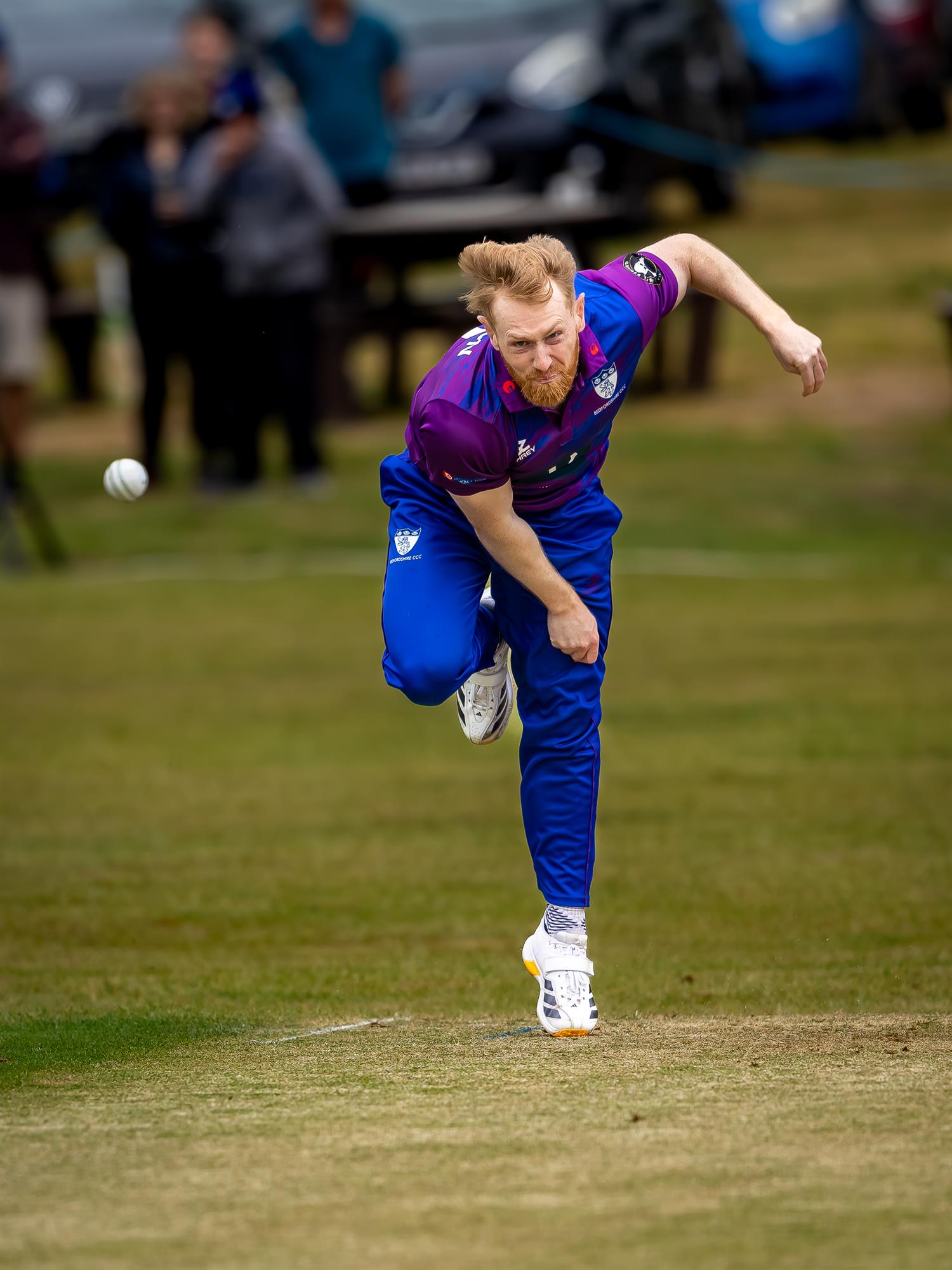 Bedfordshire's James Anson bowling in the NCCA NV Play Trophy match against Staffordshire at Ampthill Town Cricket Club on May 4th, 2026.
