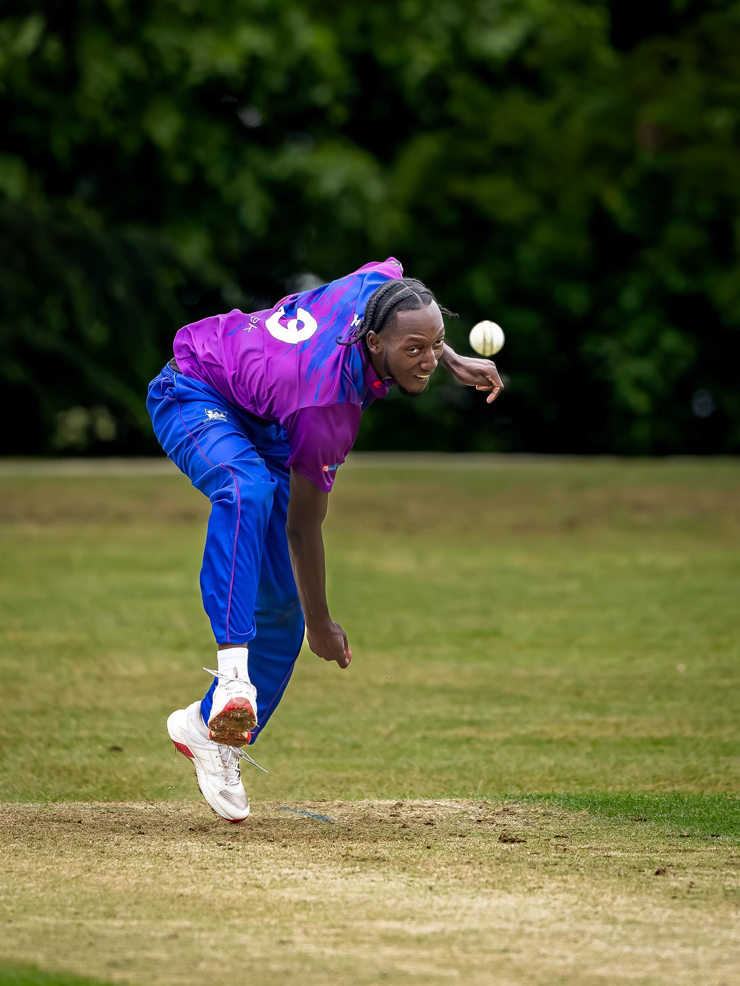 Jamal Richards bowling for Bedfordshire in the NCCA NV Play Trophy match against Staffordshire at Ampthill Town Cricket Club on May 4th, 2026. 