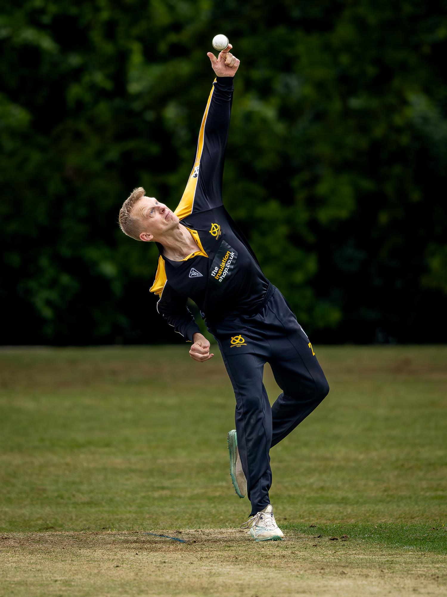 Staffordshire's Tom Brett bowling in the NCCA NV Play Trophy match against Bedfordshire at Ampthill Town Cricket Club on May 4th, 2026.