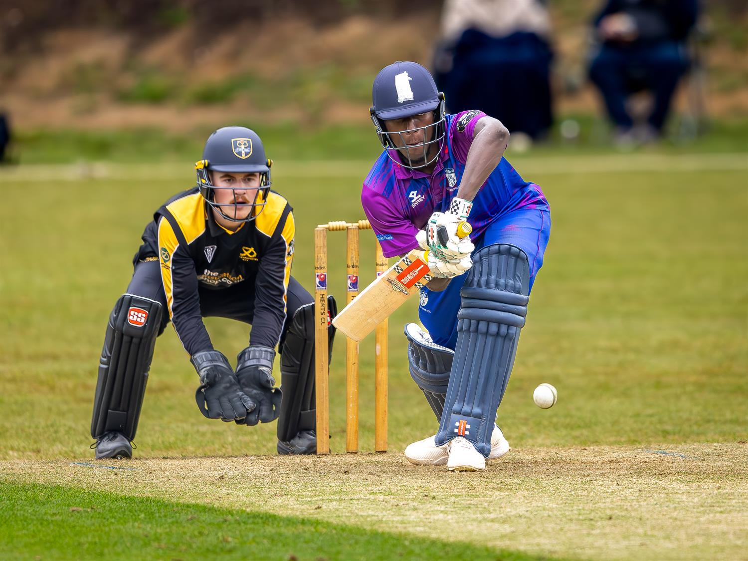 Jamal Richards batting for Bedfordshire and Callum Hawkins keeping wicket for Staffordshire in the NCCA NV Play Trophy match at Ampthill Town Cricket Club on May 4th, 2026. 