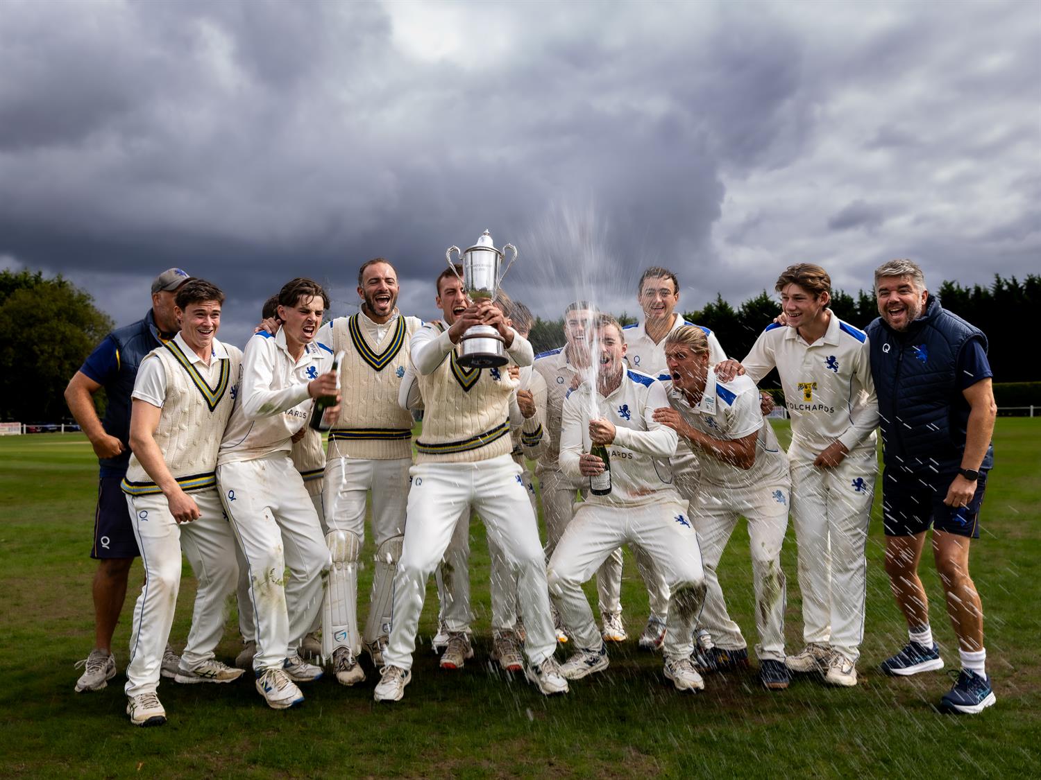 The Devon squad celebrating their win in the NCCA Cluberly Championship Final at West Bromwich Dartmouth Cricket Club on September 9th, 2026.