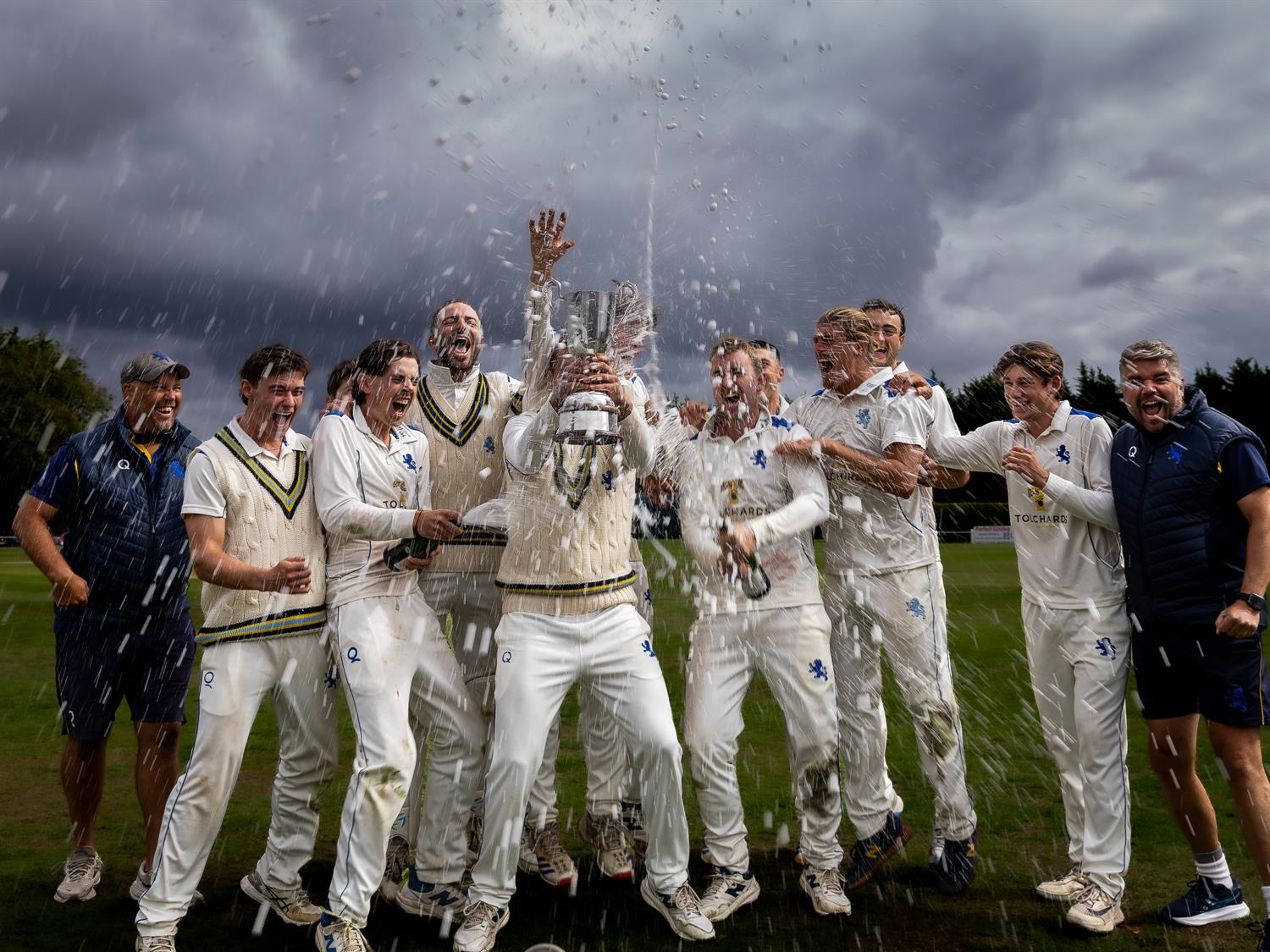 The Devon squad celebrating their win in the NCCA Cluberly Championship Final at West Bromwich Dartmouth Cricket Club on September 9th, 2026.