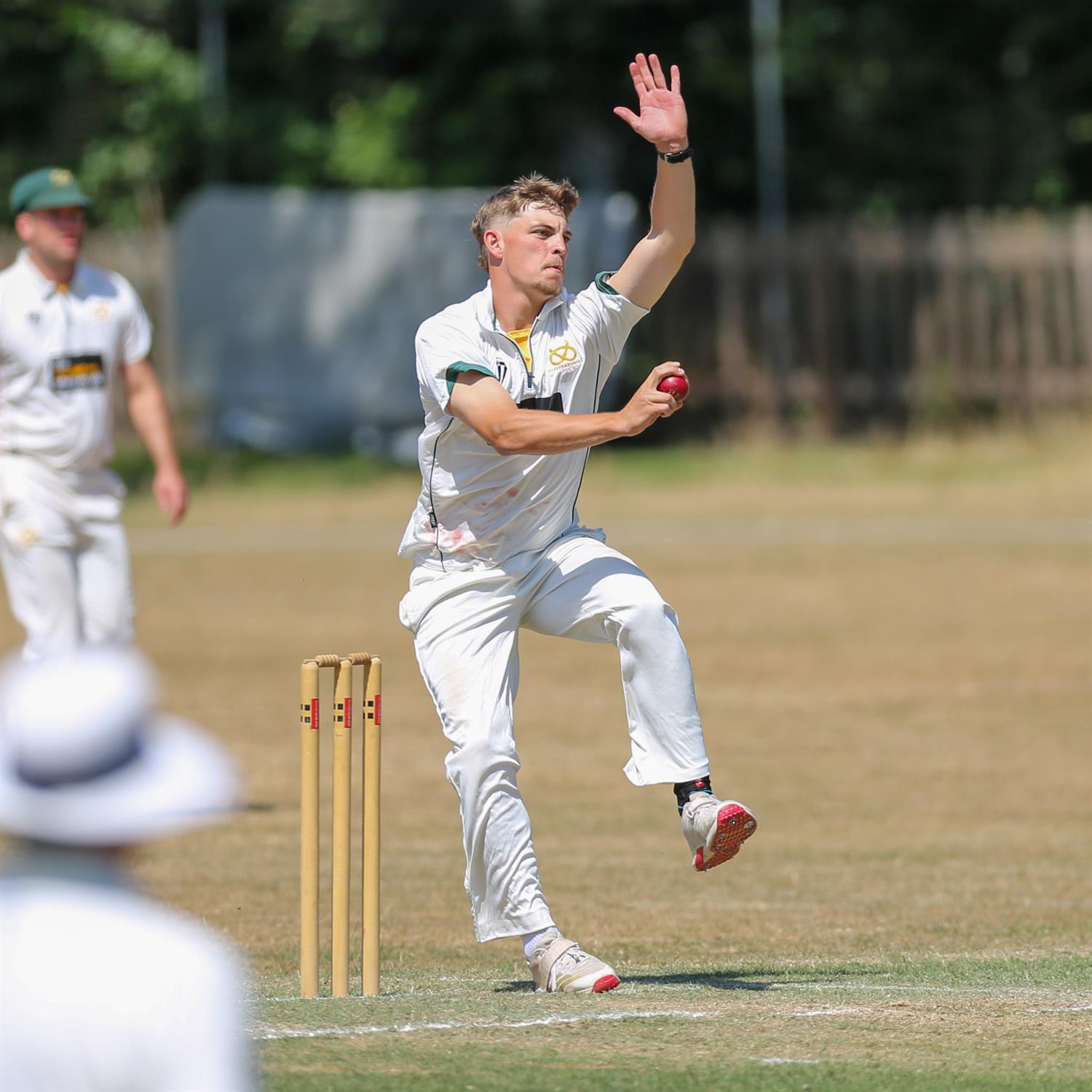 Jacob Garlick bowling for Staffordshire in their away fixture with Buckinghamshire in the NCCA Cluberly Eastern Div 1 match, held at Chesham CC on 12/07/2026 .