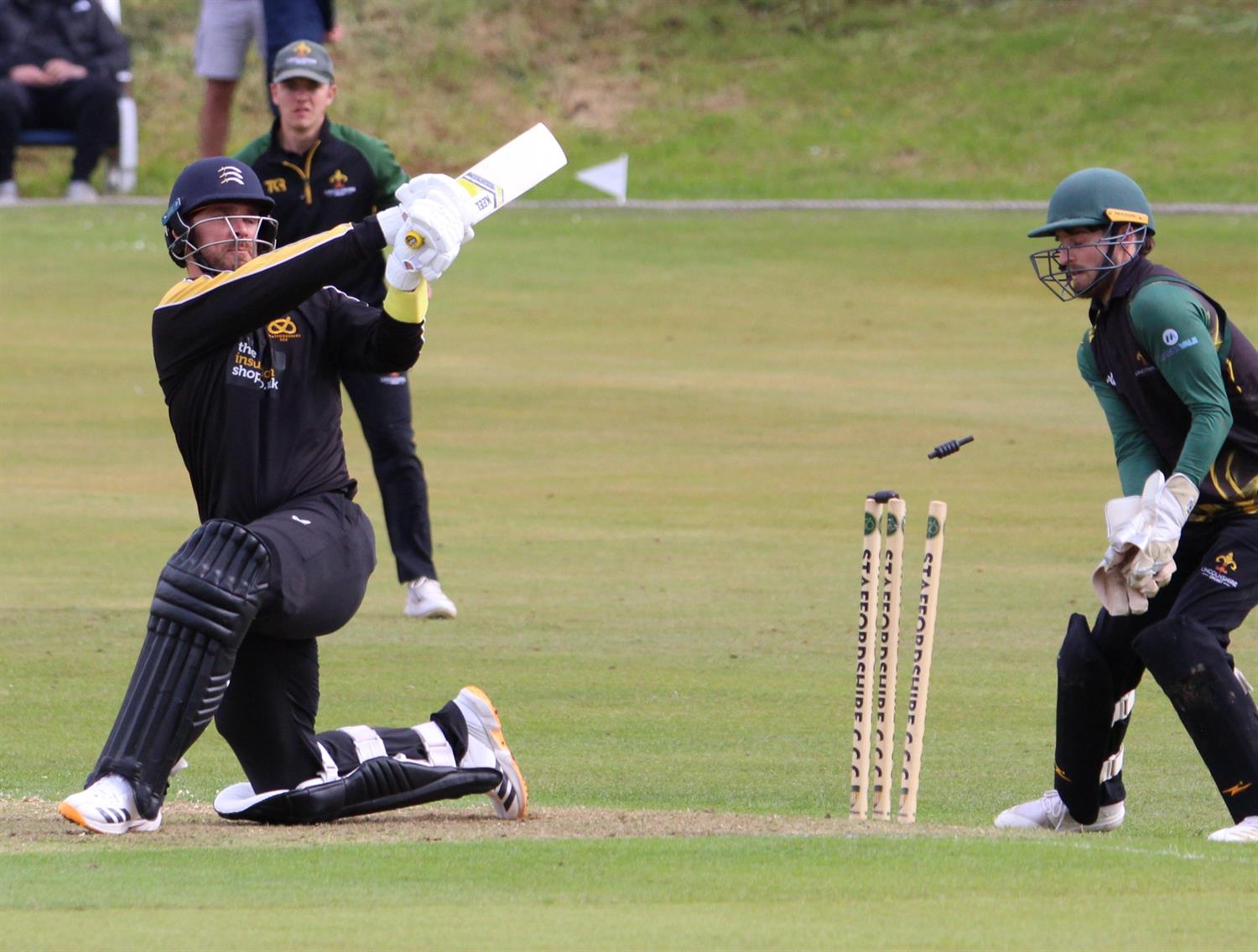 Staffordshire v Lincolnshire, NCCA Trophy Group 2 match, held at Bignall End Cricket Club on 17/05/2026 .
Dan Lincoln of Staffordshire is bowled by James Laud for 46 runs.