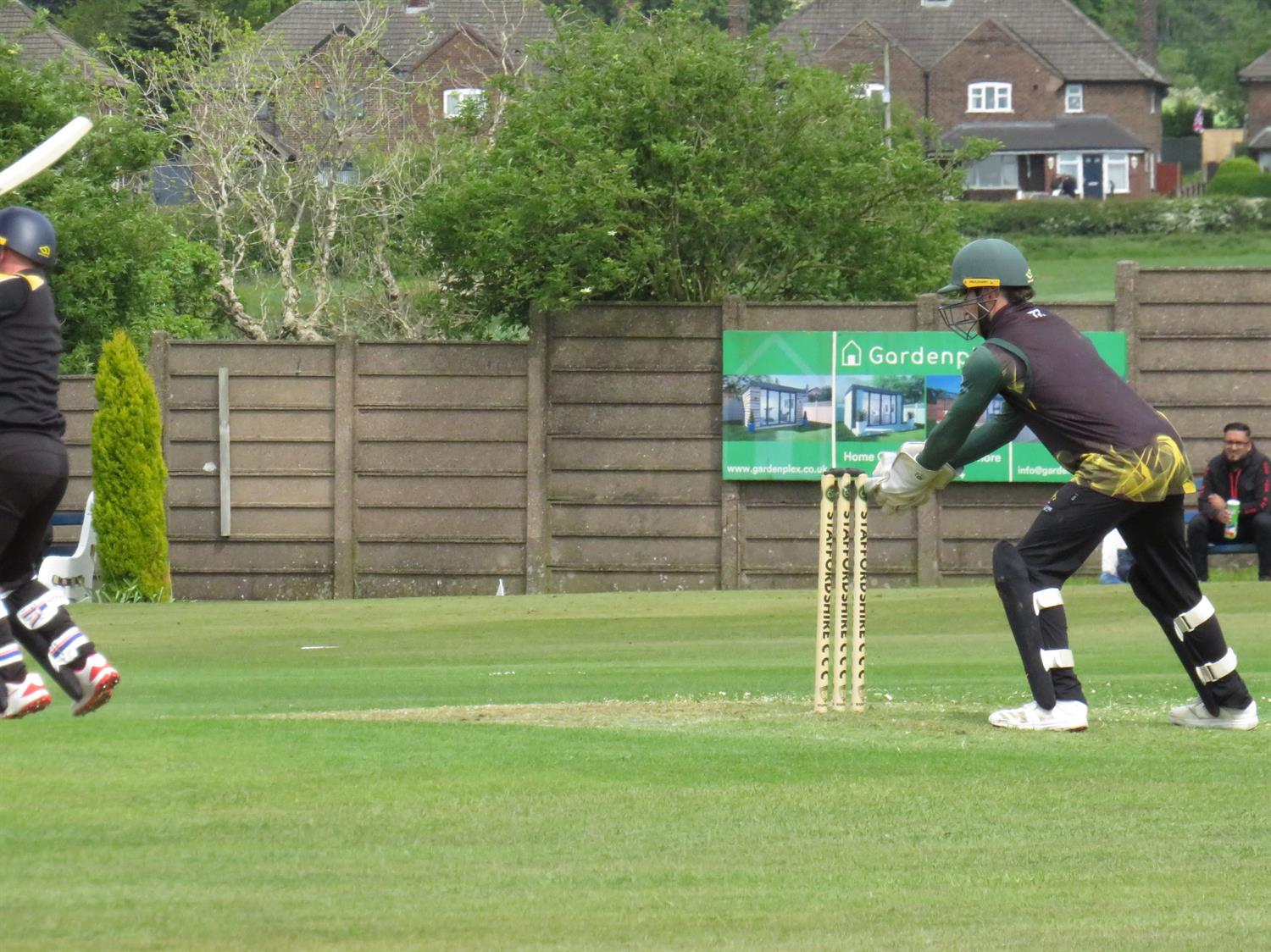 Staffordshire v Lincolnshire, NCCA Trophy Group 2 match, held at Bignall End Cricket Club on 17/05/2026 . 
Tom Keast of Lincolnshire stumps Sam Kelsall off the bowling of James Laud for 36 runs.