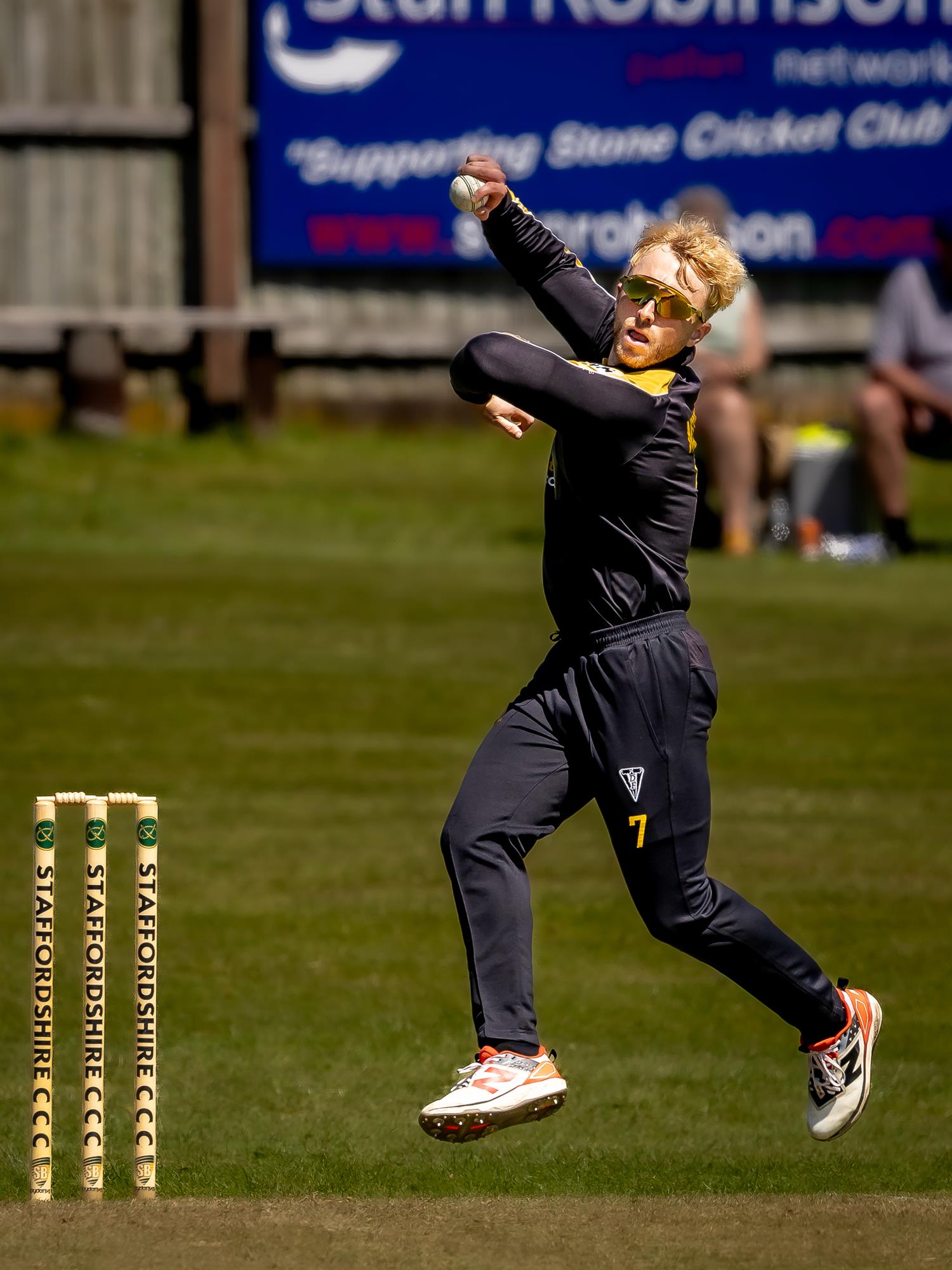 Matt Morris bowling for Staffordshire in the first of two NCCA Dojo T20 matches against Northumberland at Stone SP Cricket Club on May 24th, 2026.