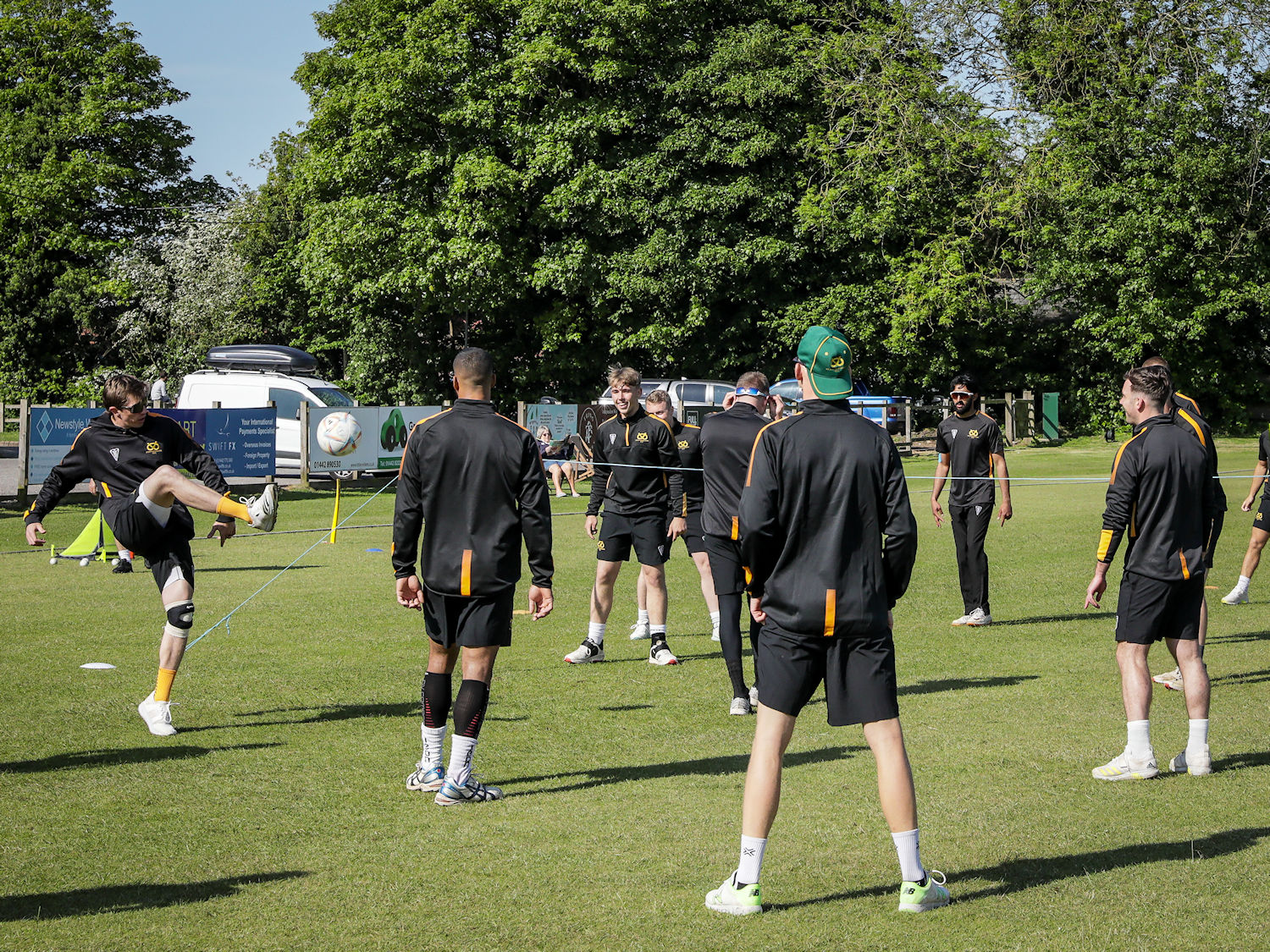 The Staffordshire squad warming up before the NCCA T20 semi final against Berkshire at Tring Park Cricket Club on May 21st, 2023.