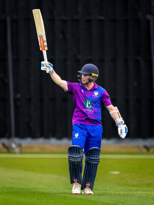 Bedfordshire's Jamie Dunk reached a half-century from 37 balls in the NCCA Dojo T20 Semi Final against Staffordshire at Wormsley Cricket Ground on August 30th, 2026.