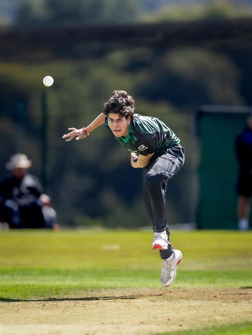Berkshire's Nilesh Bhandari bowling in the NCCA Dojo T20 Semi-Final against Devon at Wormsley Cricket Ground on August 30th, 2026.