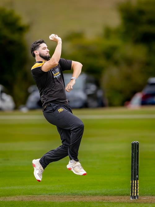 Ollie Walker bowling for Staffordshire in the NCCA Dojo T20 Semi Final against Bedfordshire at Wormsley Cricket Ground on August 30th, 2026.