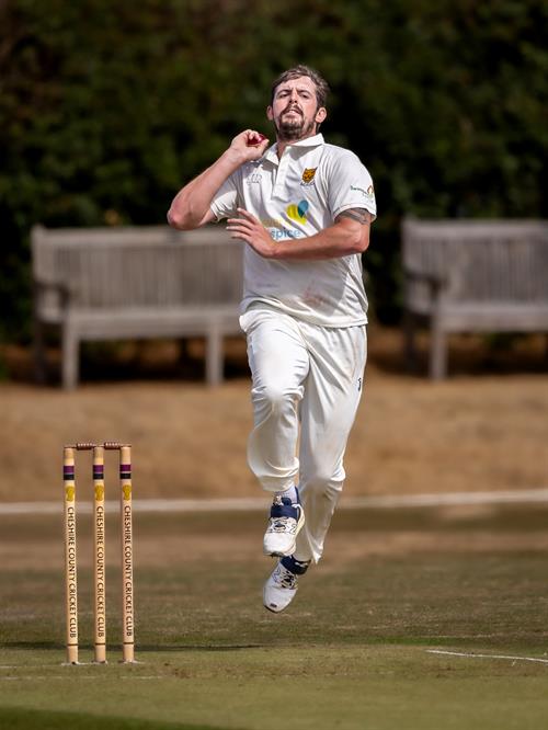 Shropshire's Roman Walker took 7-41 from 20 overs on the first day of the NCCA Cluberly Championship match against Cheshire held at Nantwich Cricket Club from August 2nd–4th, 2026.