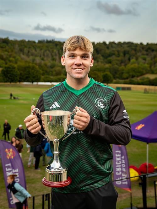 Berkshire's captain Johnny Connell with the NCCA Dojo T20 Trophy after Berkshire beat Bedfordshire by 1 run in the Final at Wormsley Cricket Ground on August 30th, 2026.
