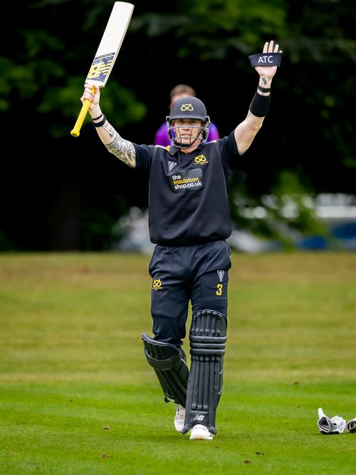 Staffordshire's James Kettleborough reached his century from 116 balls in the NCCA NV Play Trophy match against Bedfordshire at Ampthill Town Cricket Club On May 4th, 2026.