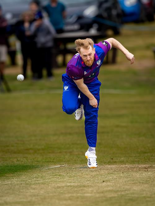 Bedfordshire's James Anson bowling in the NCCA NV Play Trophy match against Staffordshire at Ampthill Town Cricket Club on May 4th, 2026.