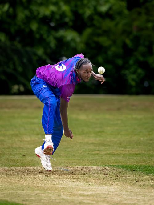 Jamal Richards bowling for Bedfordshire in the NCCA NV Play Trophy match against Staffordshire at Ampthill Town Cricket Club on May 4th, 2026. 