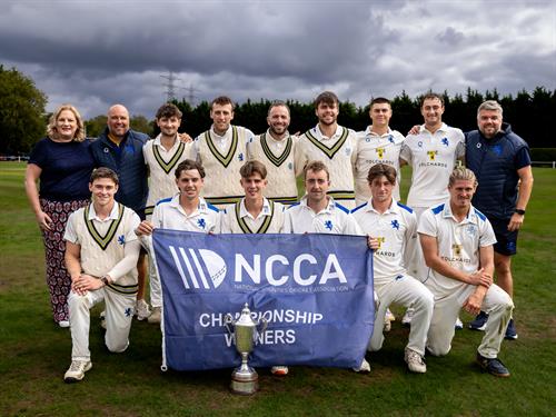 The Devon squad, coaches and scorer with the NCCA Cluberly Championship Trophy after they beat Buckinghamshire in the final at West Bromwich Dartmouth Cricket Club on September 9th, 2026.