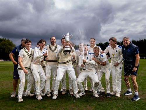 The Devon squad celebrating their win in the NCCA Cluberly Championship Final at West Bromwich Dartmouth Cricket Club on September 9th, 2026.