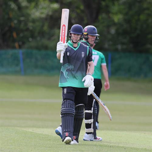 Dorset opener Dylan Church celebrates his half century on his way to scoring 78 against Buckinghamshire in the NCCA Trophy Group 4 match, held at Tring Park CC on 10/05/2026 .