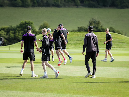 The Cheshire squad warming up for the NCCA Trophy Final against Norfolk at Wormsley Cricket Ground on August 25th, 2024.