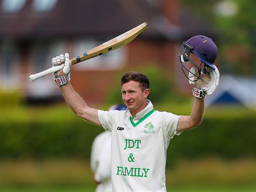 AJ Woodland celebrates his maiden NCCA Championship century for Buckinghamshire in their Eastern Division 2 match against Bedfordshire, held at Bedford School on 11/07/2021 .