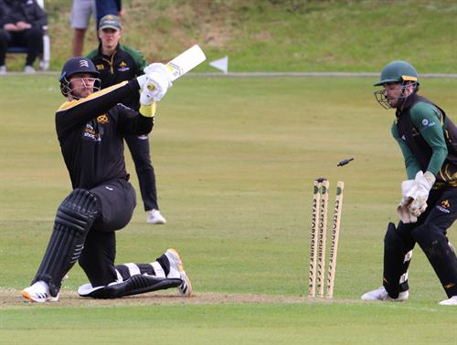 Staffordshire v Lincolnshire, NCCA Trophy Group 2 match, held at Bignall End Cricket Club on 17/05/2026 .
Dan Lincoln of Staffordshire is bowled by James Laud for 46 runs.