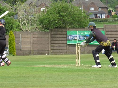 Staffordshire v Lincolnshire, NCCA Trophy Group 2 match, held at Bignall End Cricket Club on 17/05/2026 . 
Tom Keast of Lincolnshire stumps Sam Kelsall off the bowling of James Laud for 36 runs.