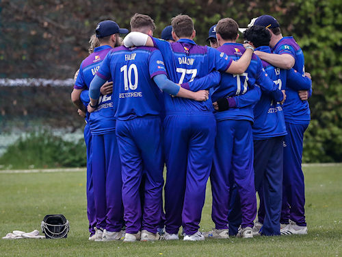 Bedfordshire's team huddle at the start of the Berkshire innings in the first of two NCCA T20 matches against Berkshire at Wargrave Cricket Club on April 30th, 2023.