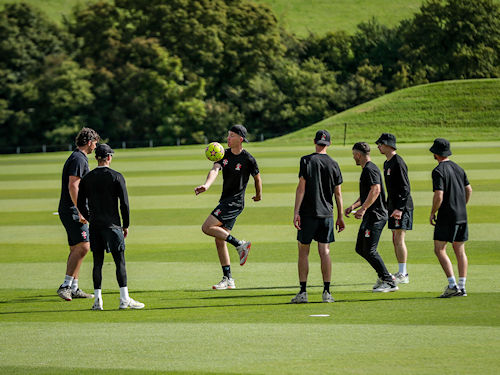 The Cumbria squad warming up for the the NCCA Trophy final against Berkshire at Wormsley Cricket Ground on August 27th, 2023.
