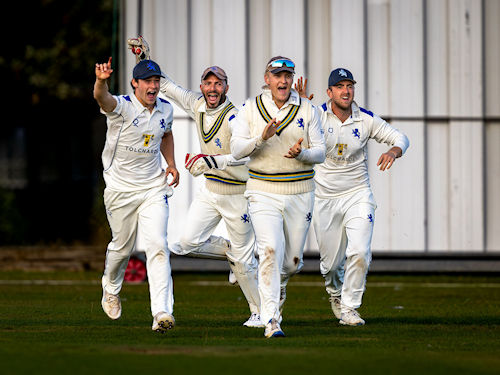 Devon's Seb Linnitt Matt Thompson Lawrence Walker and Sam Read appeal for a caught behind on the first day of the NCCA Cluberly Championship match against Oxfordshire held at Sidmouth Cricket Club from August 31st–September 2nd, 2025.