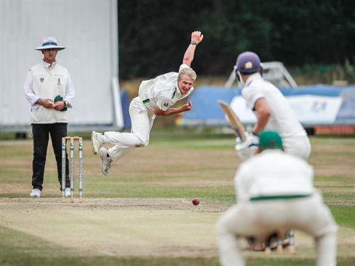 The view of an Andy Rishton delivery from (approximately) first slip, taken at the NCCA Championship match between Berkshire and Herefordshire played at Falkland Cricket Club on August 23rd, 2022. 