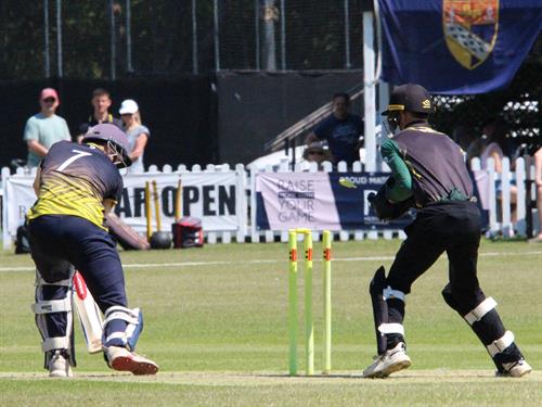 Norfolk v Lincolnshire, NCCA T20 Group 2 match, held at Sprowston CC on 24/05/2026 .
Finn Brookes looks on as a Norfolk batsman is dismissed bowled.