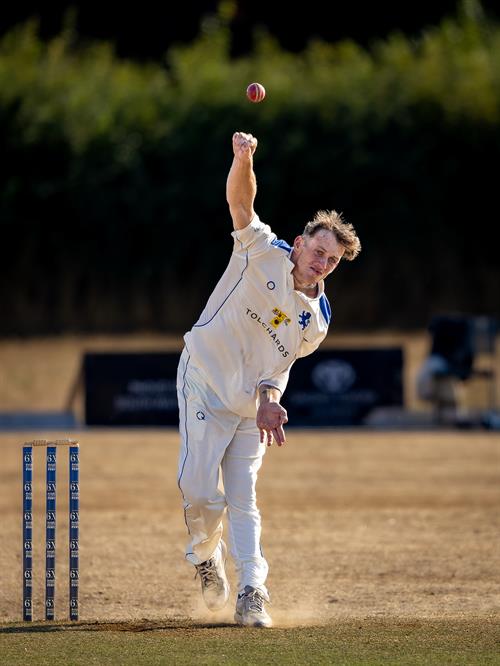 Cameron Kidd bowling for Devon on the first day of the NCCA Cluberly Championship match against Wiltshire held at South Wilts Cricket Club from August 23rd–25th, 2026.