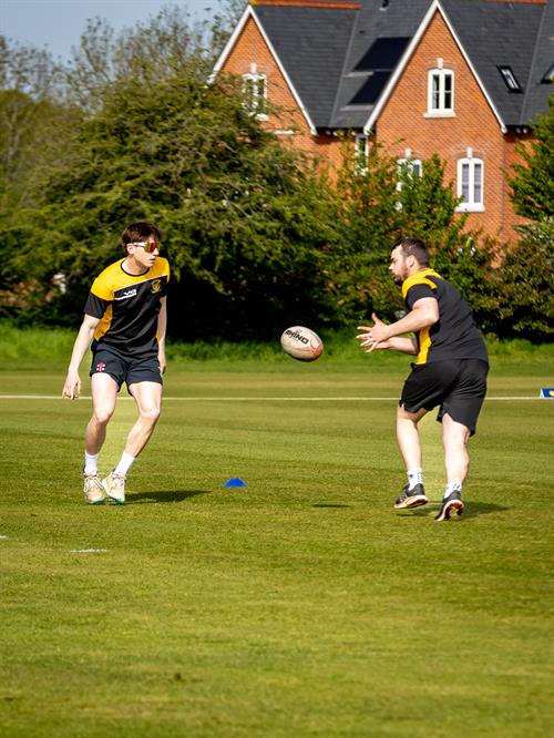 Cornwall players warming up with a game of rugby ahead of the in the NCCA NV Play Trophy match against Dorset at Wimborne Cricket Club on April 26th, 2026.