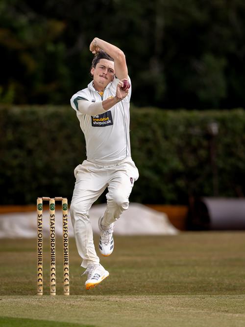 Staffordshire's Sam Keeling-Wright took 8-60 from 13 overs on the first day of the NCCA Cluberly Championship match against Cambridgeshire held at Checkley Cricket Club from July 26th–28th, 2026.