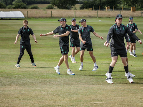 The Dorset squad warming up ahead of their NCCA Trophy Quarter Final against Berkshire at Wimborne Cricket Club on July 2nd, 2023.