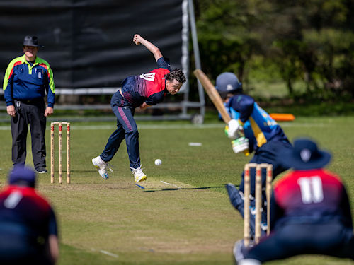 Herefordshire's Sam Keeling-Wright bowling to Shropshire's George Hargrave in the NCCA Trophy match at Eastnor Cricket Club on April 27th, 2025.