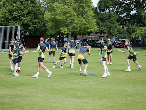 The Lincolnshire squad warming up for the NCCA Trophy match against Cumbria at Bourne Cricket Club on June 23rd, 2024.