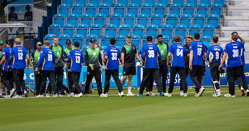 Berkshire and Sussex squads shake hands at the conclusion of the NCCA Showcase game at The 1st Central County Ground on May 28th, 2025.