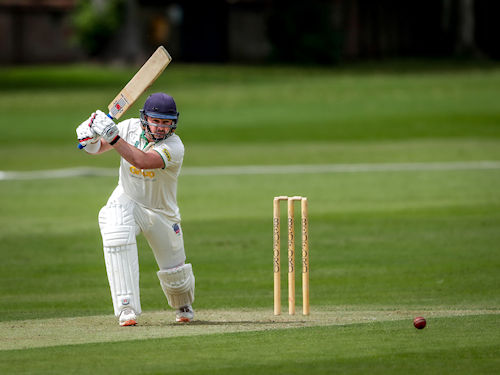 Oli McGee batting for Northumberland on the first day of the Durant Cricket National Counties Championship match against Bedfordshire at Bedford School on July 23rd, 2023.