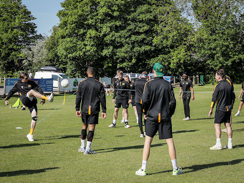 The Staffordshire squad warming up before the NCCA T20 semi final against Berkshire at Tring Park Cricket Club on May 21st, 2023.