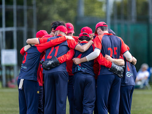Wales NC squad huddle at the NCCA T20 match against Berkshire at Wargrave Cricket Club on June 15th, 2025.