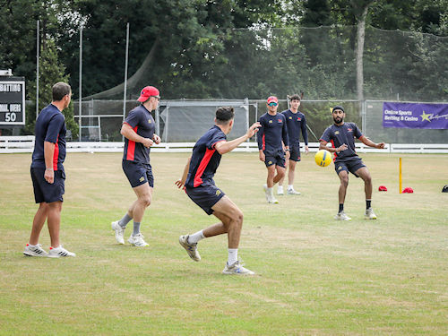 The Wales NC squad warming up with a game of football ahead of the NCCA Trophy match against Dorset at Panteg Cricket Club on June 18th, 2023.