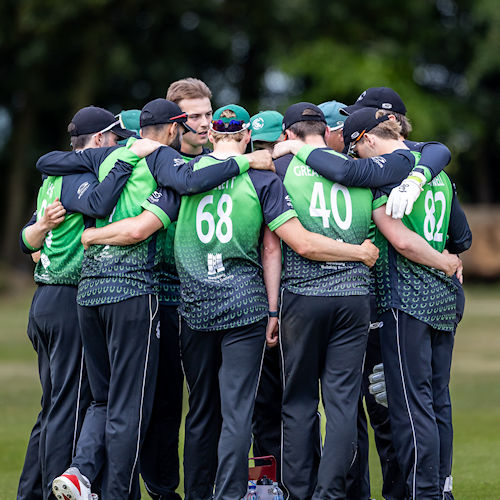 Berkshire team huddle during the NCCA Trophy match against Buckinghamshire at Falkland Cricket Club on May 11th, 2025.